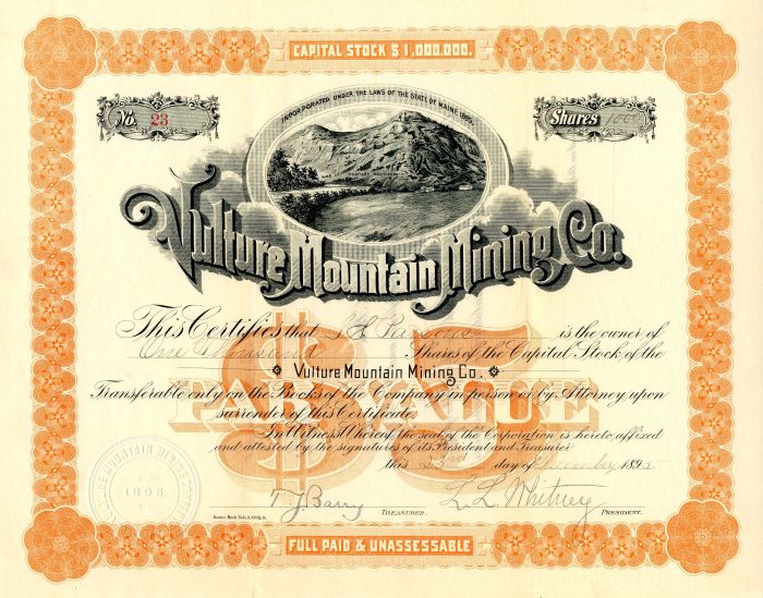 Vulture Mountain Mining Co. - Stock Certificate
