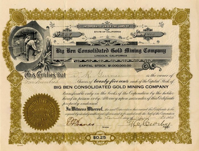 Big Ben Consolidated Gold Mining Co. - Stock Certificate