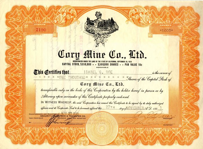 Cory Mine Co., Ltd. - Stock Certificate