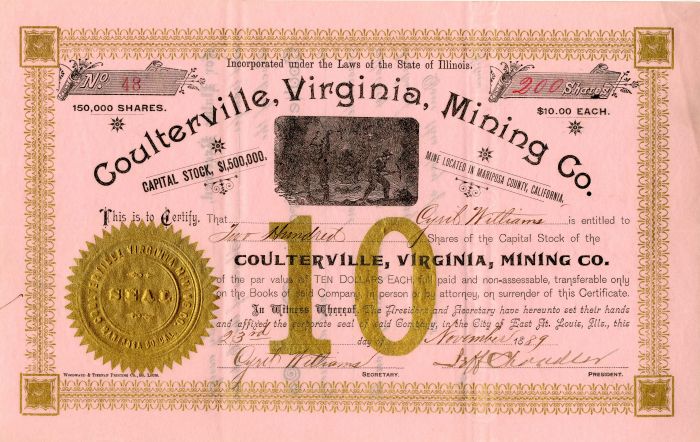 Coulterville, Virginia, Mining Co. - Stock Certificate