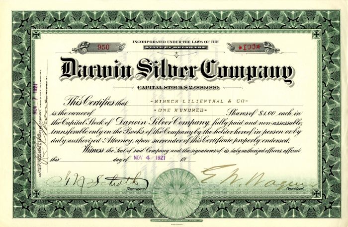 Darwin Silver Co. - Stock Certificate