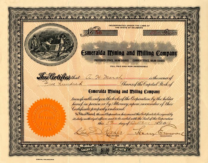 Esmeralda Mining and Milling Co. - Stock Certificate
