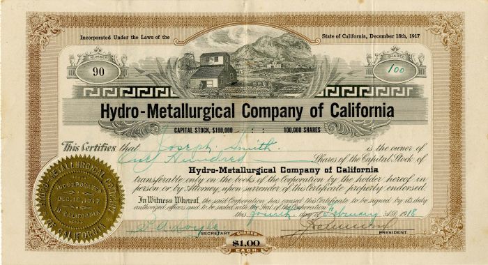 Hydro-Metallurgical Co. of California - Stock Certificate