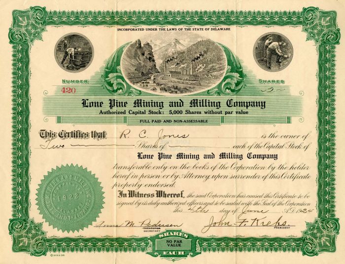 Lone Pine Mining and Milling Co. - Stock Certificate