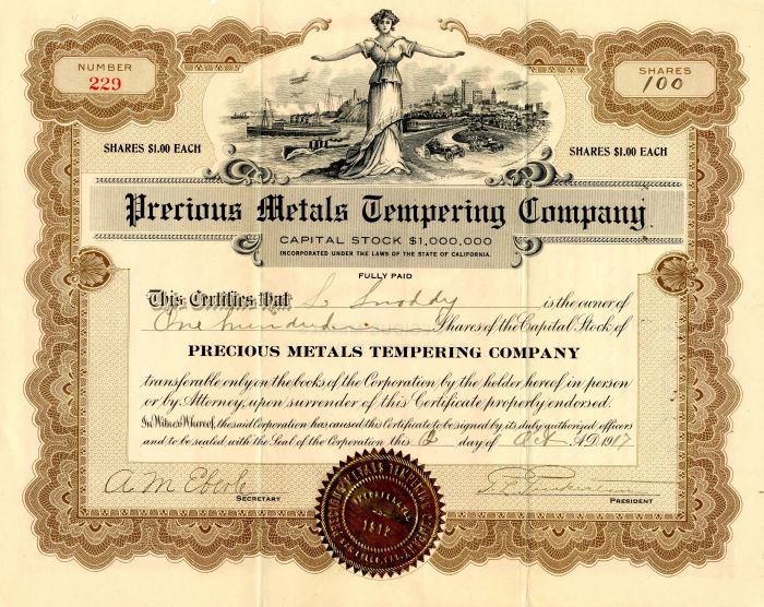 Precious Metals Tempering Co. - Stock Certificate