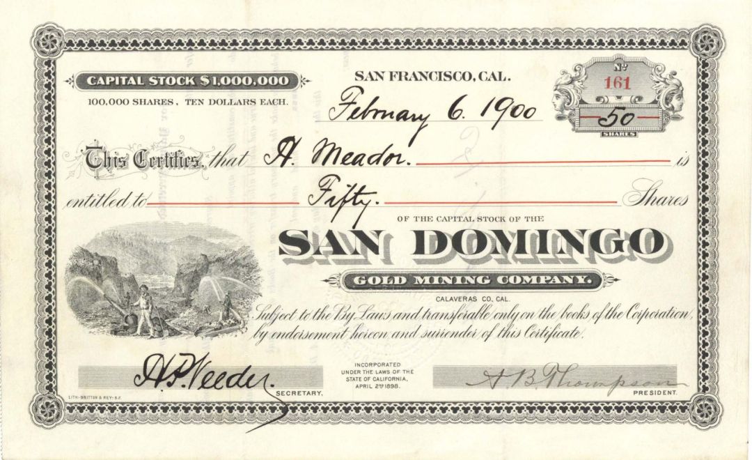 San Domingo Gold Mining Co. - 1900 dated Stock Certificate