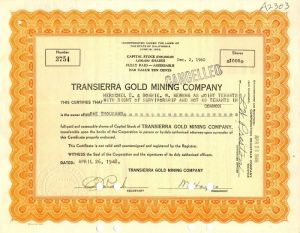 Transierra Gold Mining Co. - Stock Certificate