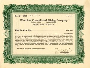 West End Consolidated Mining Co. - Stock Certificate