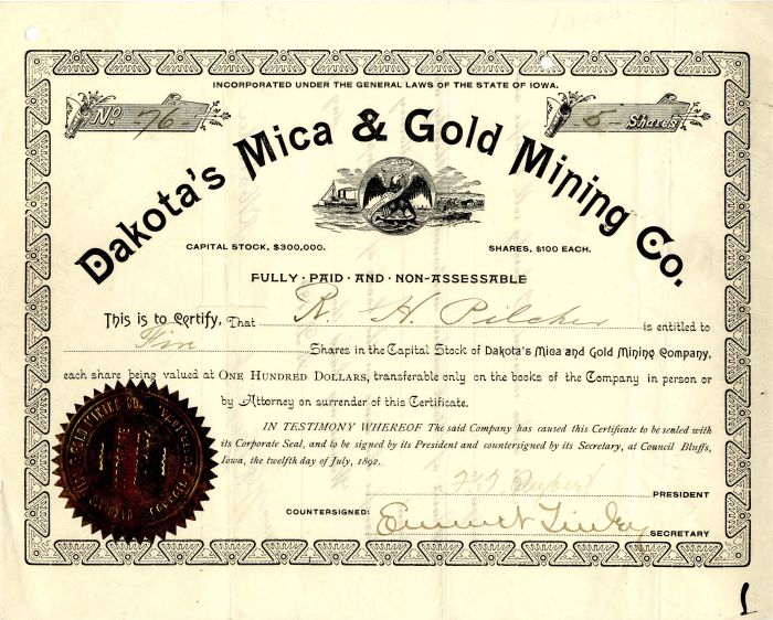 Dakota's Mica and Gold Mining Co. - Stock Certificate
