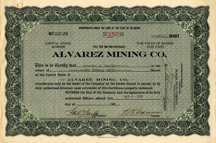 Alvarez Mining Co. - Stock Certificate