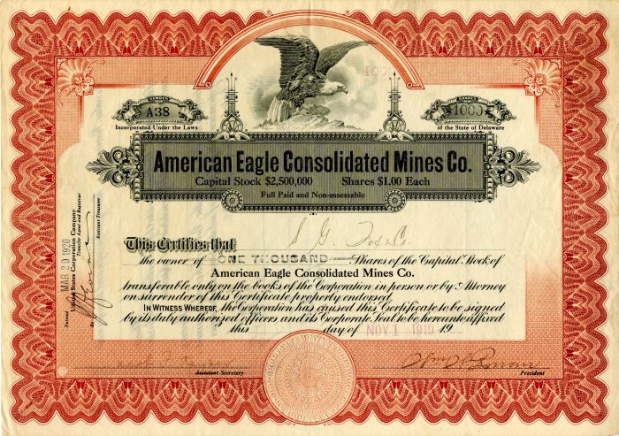 American Eagle Consolidated Mines Co. - Stock Certificate