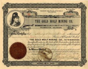 Gold Wolf Mining Co, Wilmington, Delaware - Stock Certificate