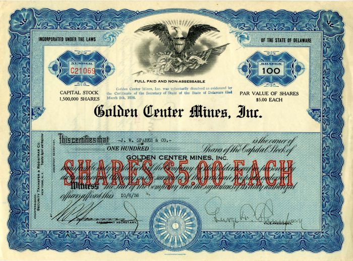 Golden Center Mines, Inc. - Stock Certificate
