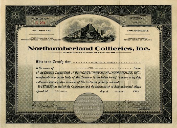Northumberland Collieries, Inc. - Stock Certificate