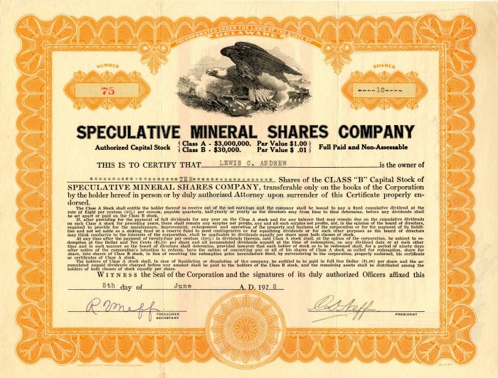 Speculative Mineral Shares Co. - Stock Certificate