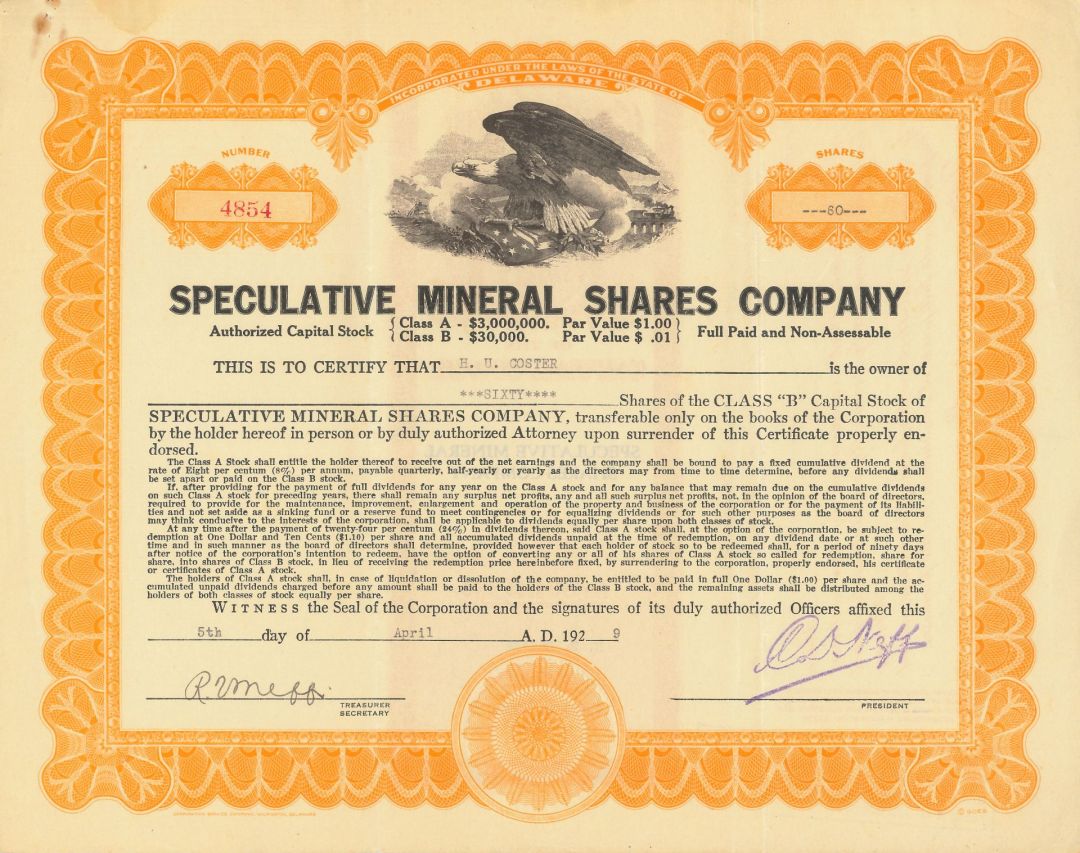 Speculative Mineral Shares Co. - Stock Certificate