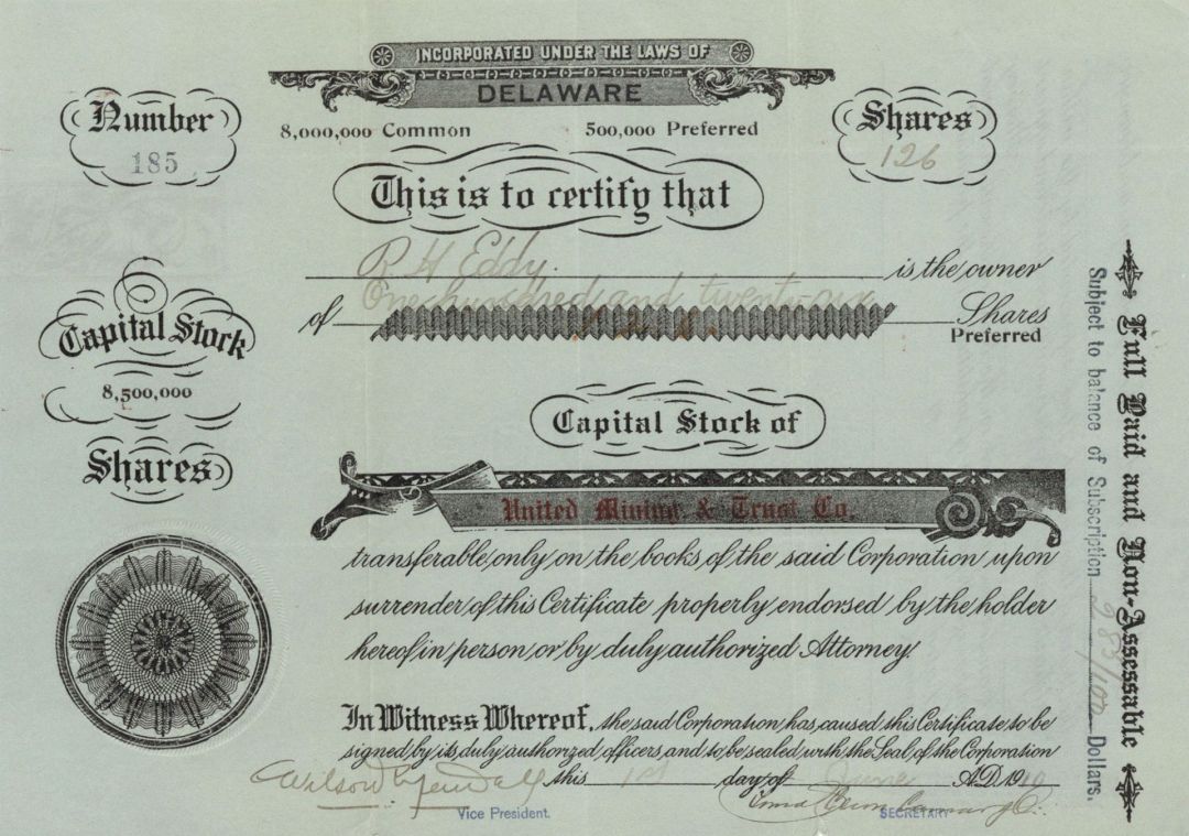 United Mining and Trust Co. - 1910 Stock Certificate