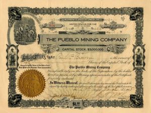 Pueblo Mining Co. - Stock Certificate
