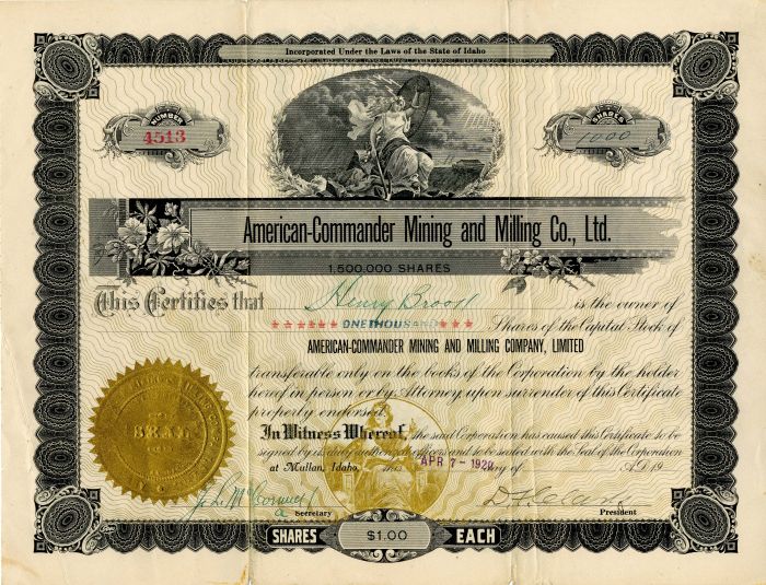 American-Commander Mining and Milling Co., Ltd. - Stock Certificate