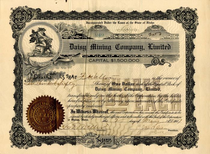 Daisy Mining Co., Limited - Stock Certificate