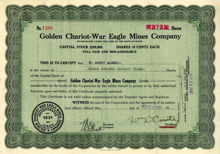 Golden Chariot-War Eagle Mines Co. - Stock Certificate