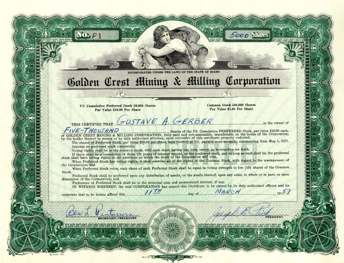 Golden Crest Mining and Milling Corporation - Stock Certificate