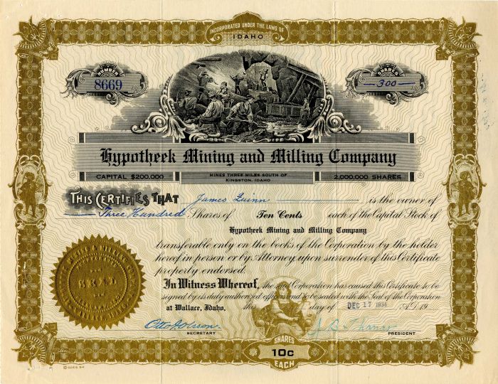 Hypotheek Mining and Milling Co. - Stock Certificate