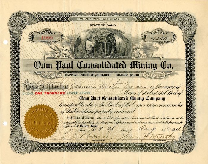 Oom Paul Consolidated Mining Co. - Stock Certificate