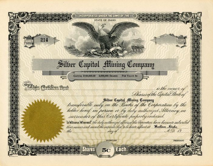 Silver Capitol Mining Co. - Stock Certificate