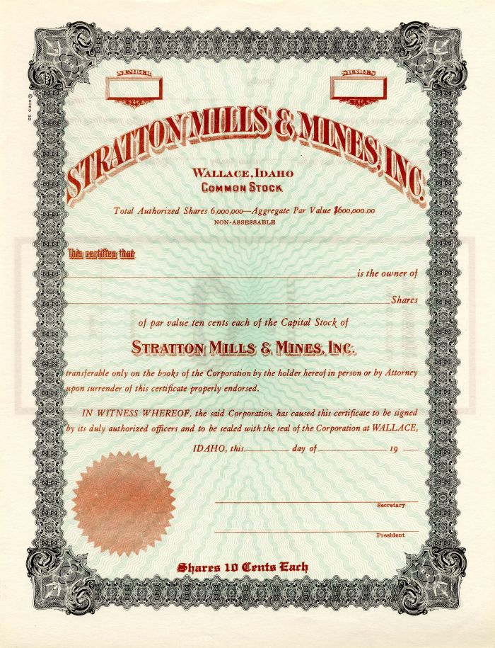 Stratton Mills and Mines, Inc. - Stock Certificate