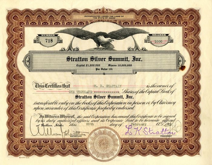 Stratton Silver Summit, Inc. - Stock Certificate
