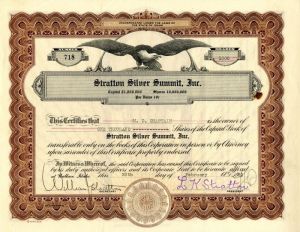 Stratton Silver Summit, Inc. - Stock Certificate