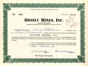 Sunset Mines, Inc. - Stock Certificate