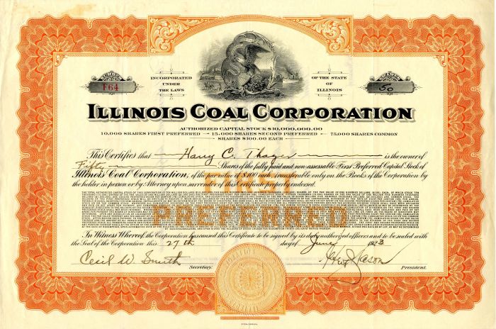 Illinois Coal Corporation - 1923 dated Mining Stock Certificate