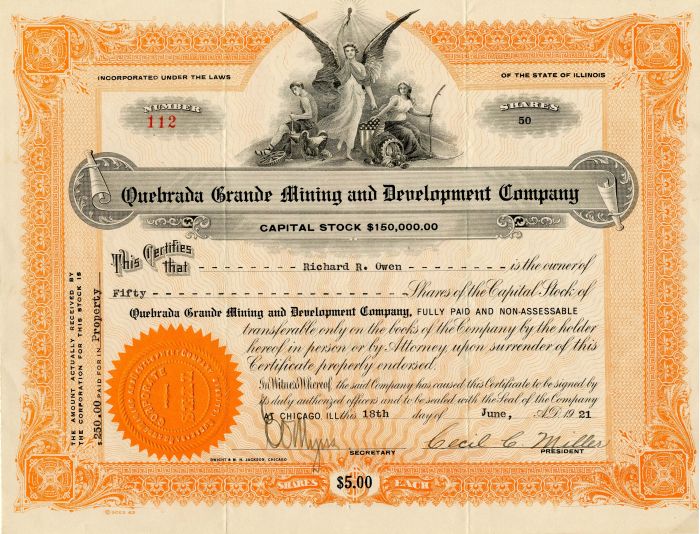 Quebrada Grande Mining and Development Co. - Stock Certificate