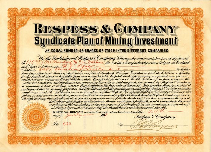 Respess and Co. Syndicate Plan of Mining Investment - Stock Certificate