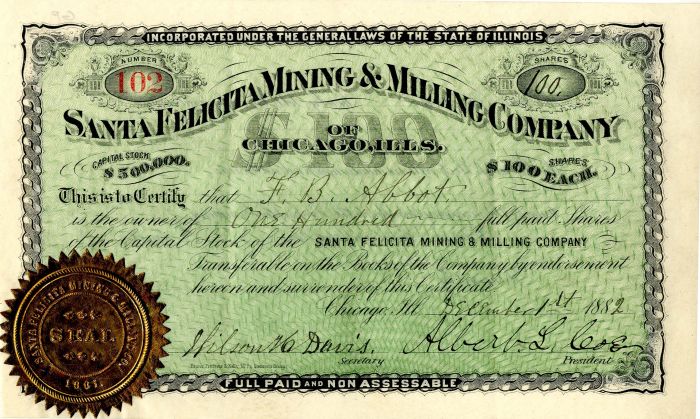 Santa Felicita Mining and Milling Co. of Chicago, Ills. - Stock Certificate