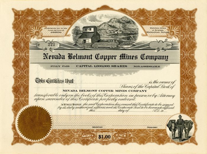 Nevada Belmont Copper Mines Co. - Stock Certificate