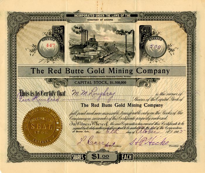 Red Butte Gold Mining Co. - Stock Certificate