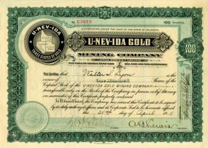 U-Nev-Ida Gold Mining Co. - Stock Certificate