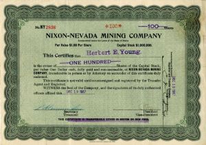 Nixon-Nevada Mining Co. - Stock Certificate
