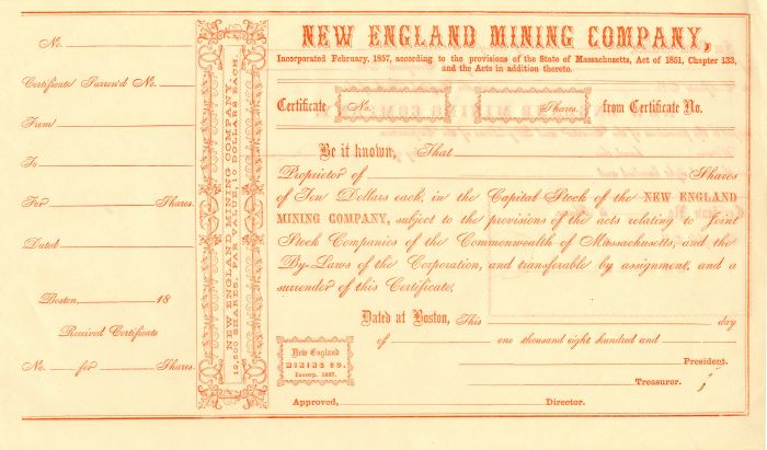 New England Mining Co. - Stock Certificate