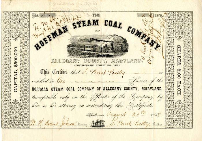 Hoffman Steam Coal Co. of Allegany County, Maryland - Stock Certificate