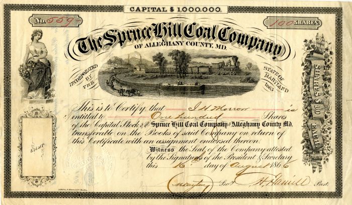 Spruce Hill Coal Co. of Alleghany County, MD. - Stock Certificate