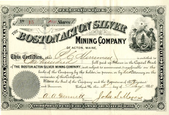 Boston Acton Silver Mining Co. of Acton, Maine - Stock Certificate