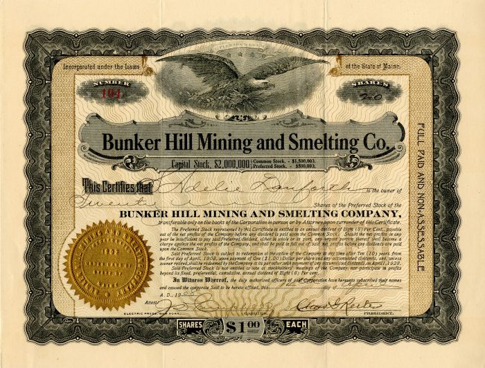Bunker Hill Mining and Smelting Co. - 1908 dated Idaho Mining Stock Certificate