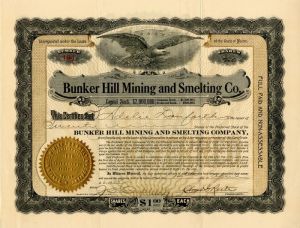 Bunker Hill Mining and Smelting Co. - Idaho Mining Stock Certificate