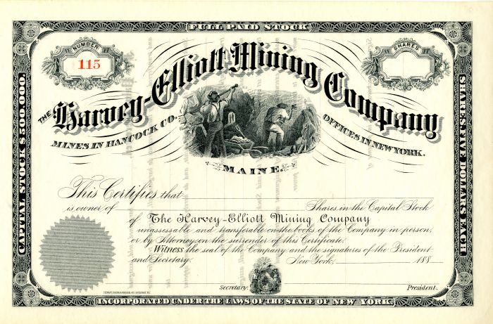 Harvey-Elliott Mining Co. - Stock Certificate