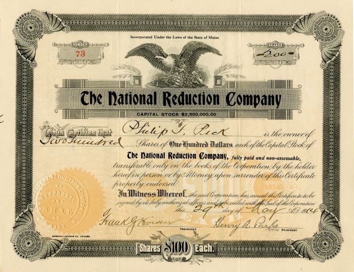 National Reduction Co. - Stock Certificate