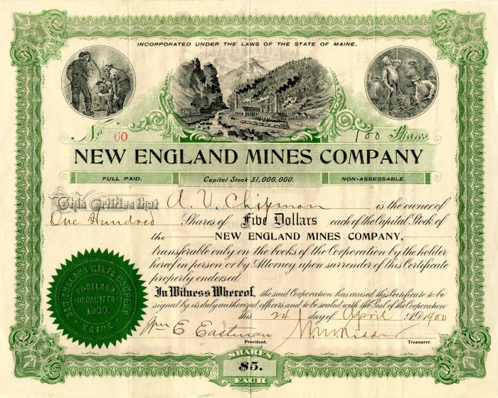New England Mines Co. - Stock Certificate